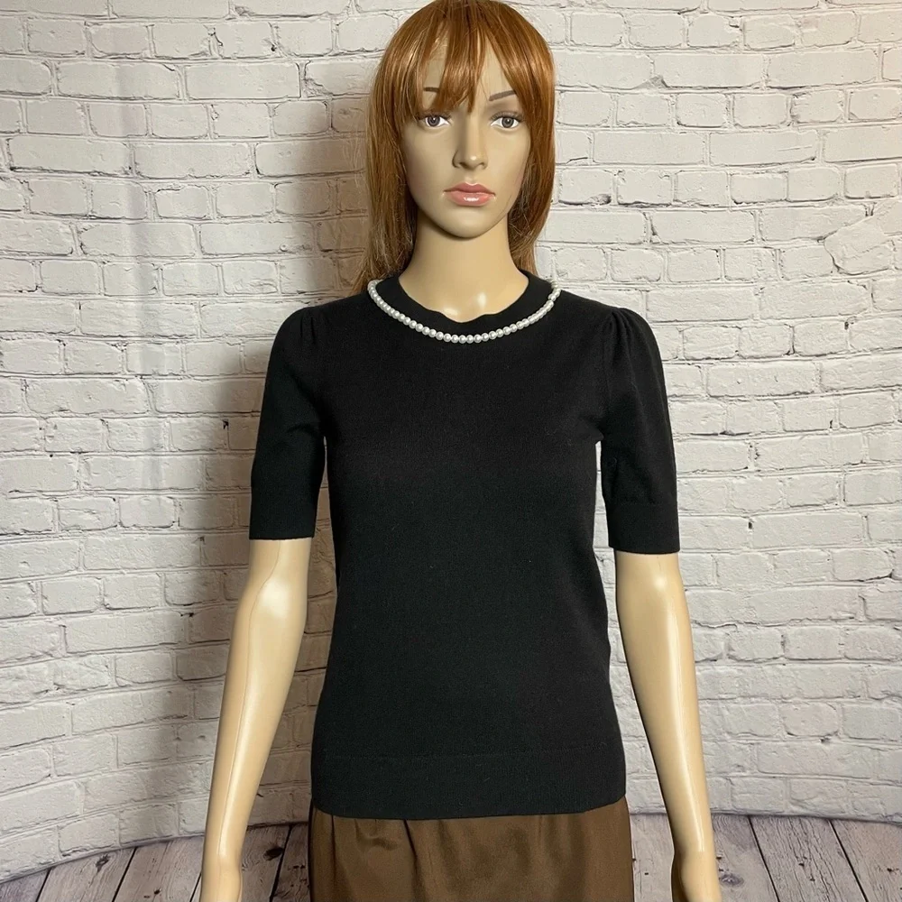 New Kate Spade Black Pearl-Embellished Short-Sleeve Sweater Size XXS